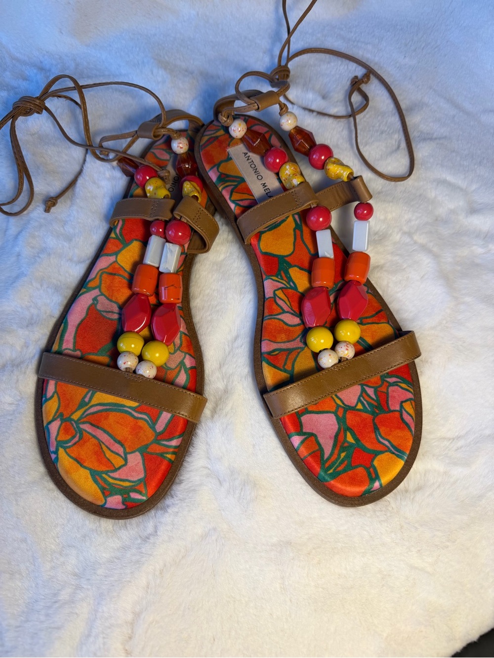 ANTONIO MELANI Tan Leather Multicolor Beaded Floral Sandals Size 8.5